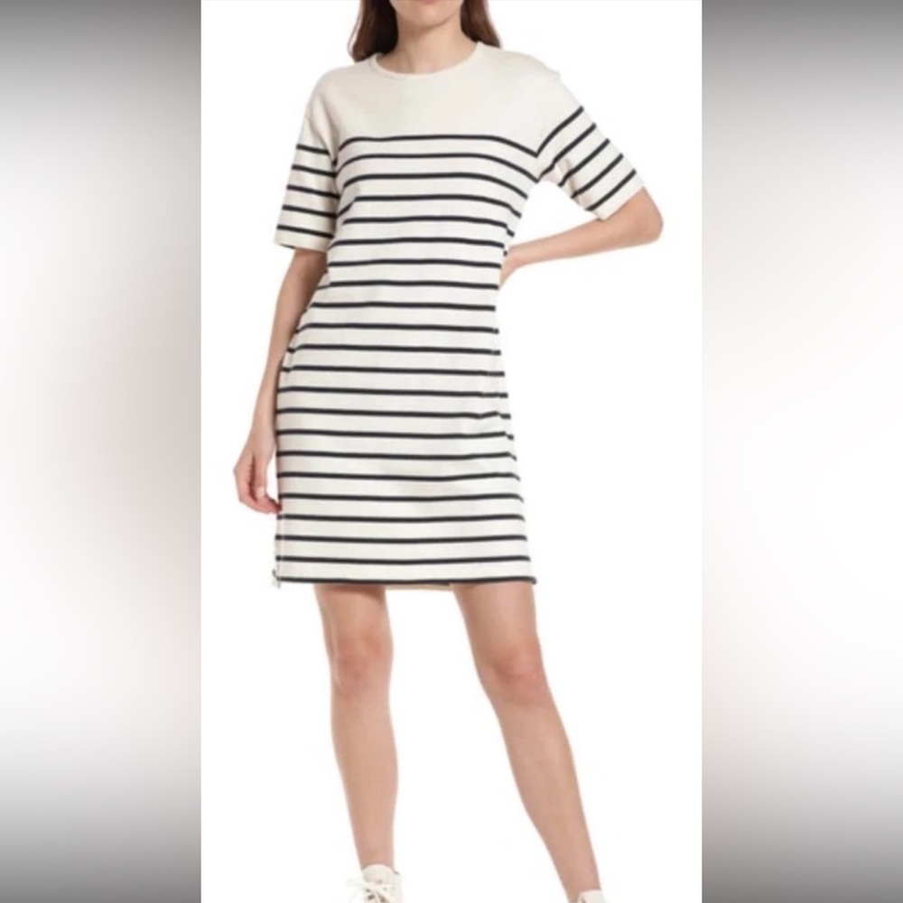 Faherty Cayman Tee Dress Cream/Navy Striped Short-Sleeve Size L  Nautical EUC!